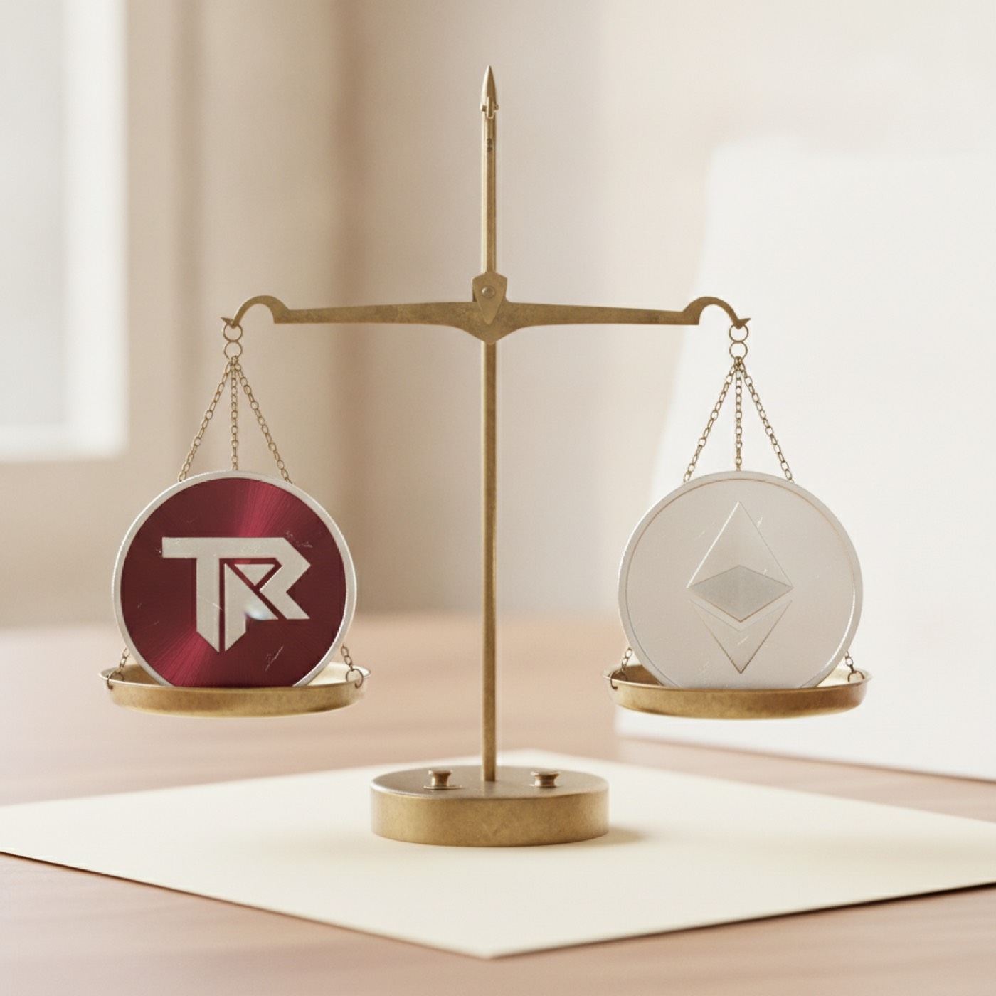Small brass balance scales weighing coins against each other on a pale desk