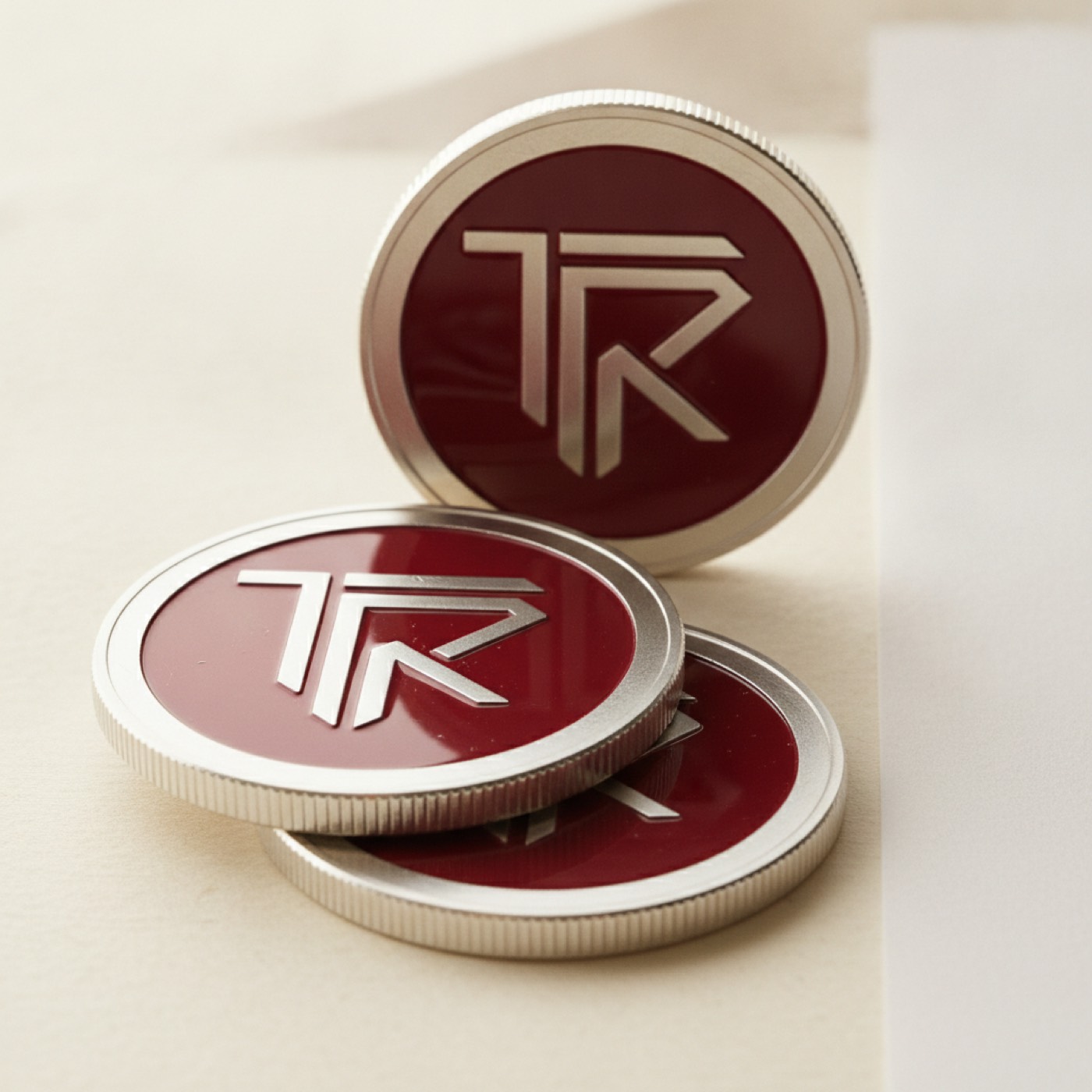 A short stack of red TRON coins photographed on a warm cream surface